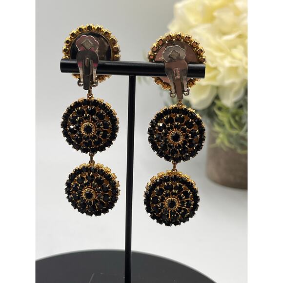 Mistar Bijoux Deadstock 3D Puff Three Drop Dangle Crystal Gold Clip on Earrings - Picture 6 of 12